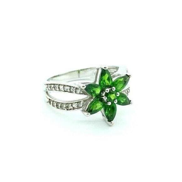Estate Sterling Silver Green Zircon Marquise Cluster Ring Je - Picture 3 of 6